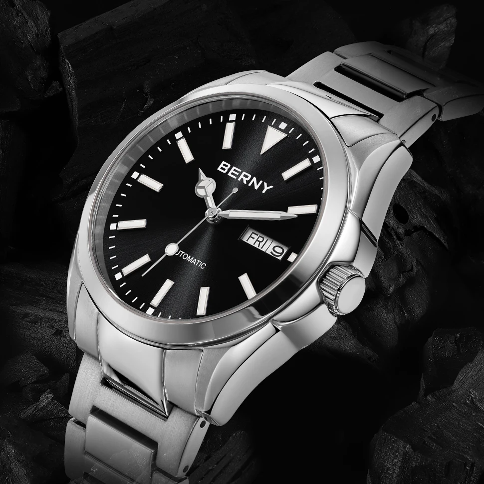 BERNY Automatic Watches for Men Super Luminous Date Week Mechanical Mens Watch Full Stainless Steel Wristwatch NH36 Sapphire