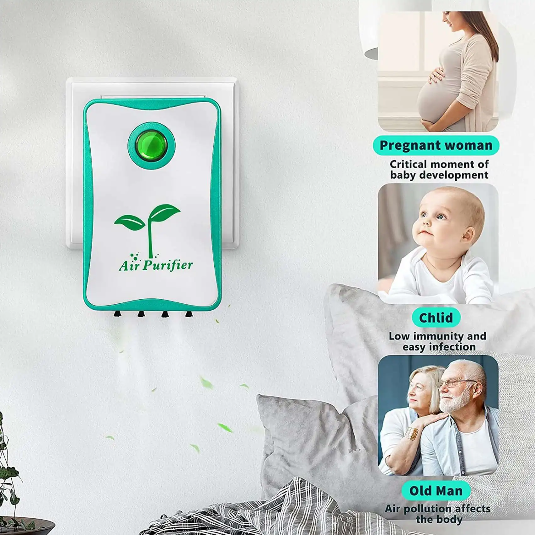 A14G-Air Purifiers Plug in for Home, Negative Ion Air Purifier, for Bathroom Kitchen Toilet Pet Smell Smoke Odor Eu Plug