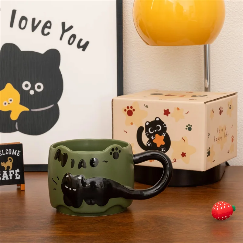 AB15-Vintage chat tasse 380Ml-mignon tasse à café empilée pour le petit déjeuner, utilisation dans le dortoir, verres à la maison, cadeau d'anniversaire idéal