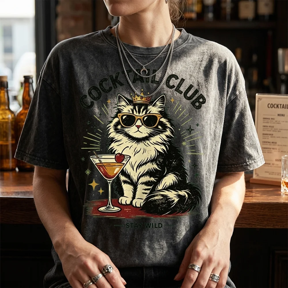 Women Men Women Cocktail Club Stay Wild Retro Cat Sunglasses Crown Graphic Acid Wash T Shirt ﻿