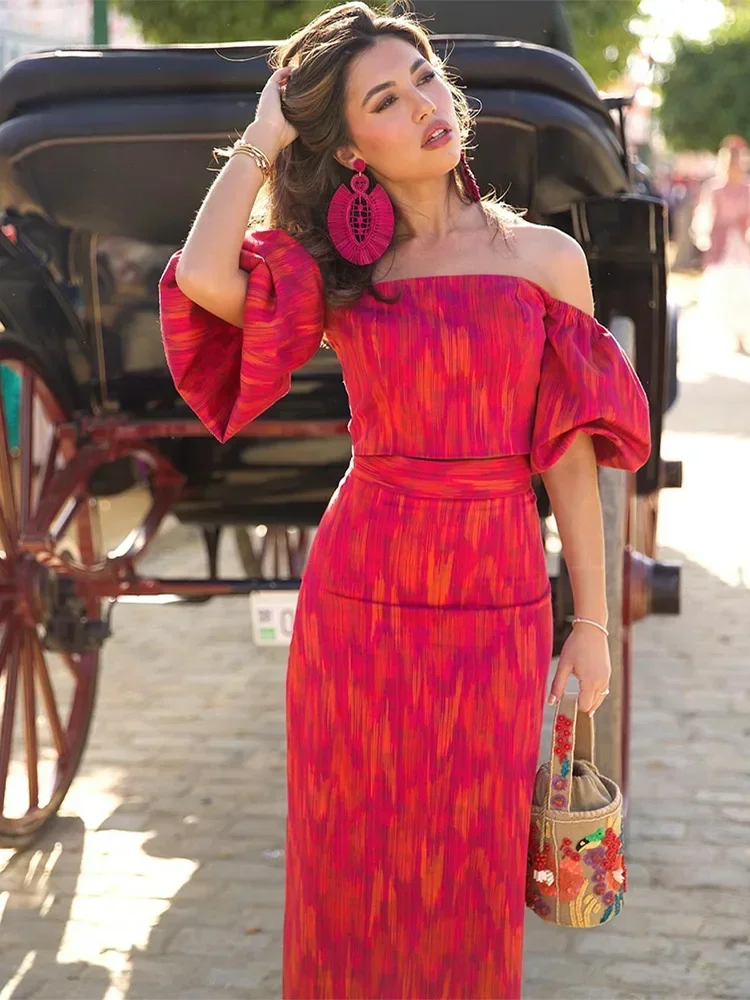 Women Sexy Off Shoulder Top Hip Wrap Skirt Sets Elegant Puff Short Sleeved Crop Tops Slim Skirt Suits Summer Lady Chic Outfits 