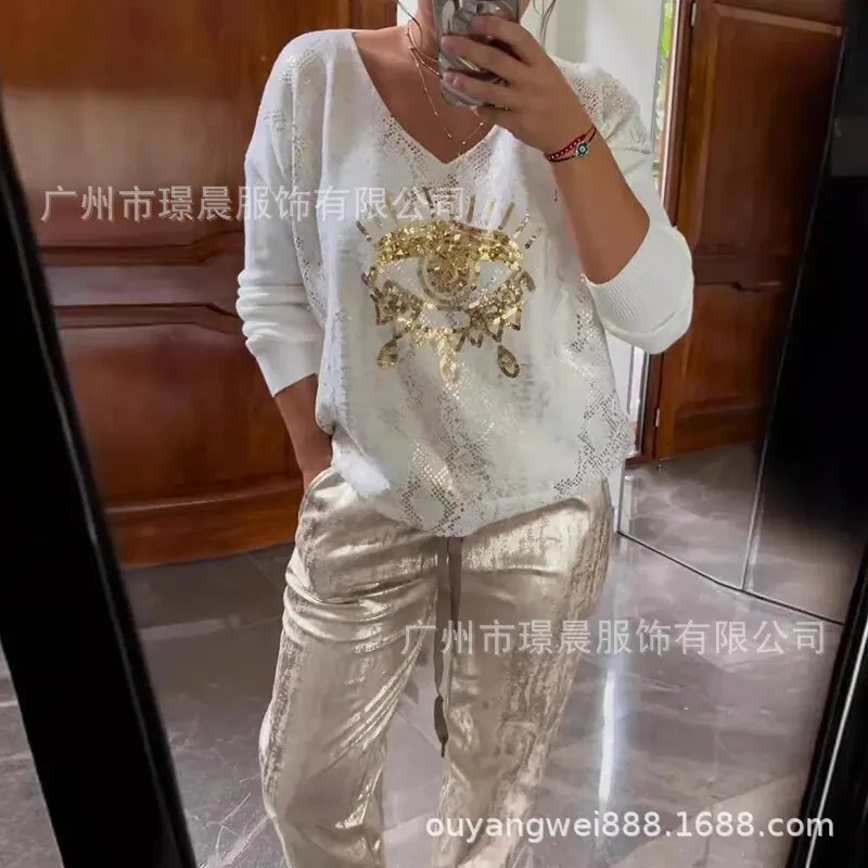 Gold Shining Eye Print Women 2 Piece Set Spring Long-sleeved V Neck Top Pullover+Bronzing Pants Outfit Summer Lace-up Loose Suit