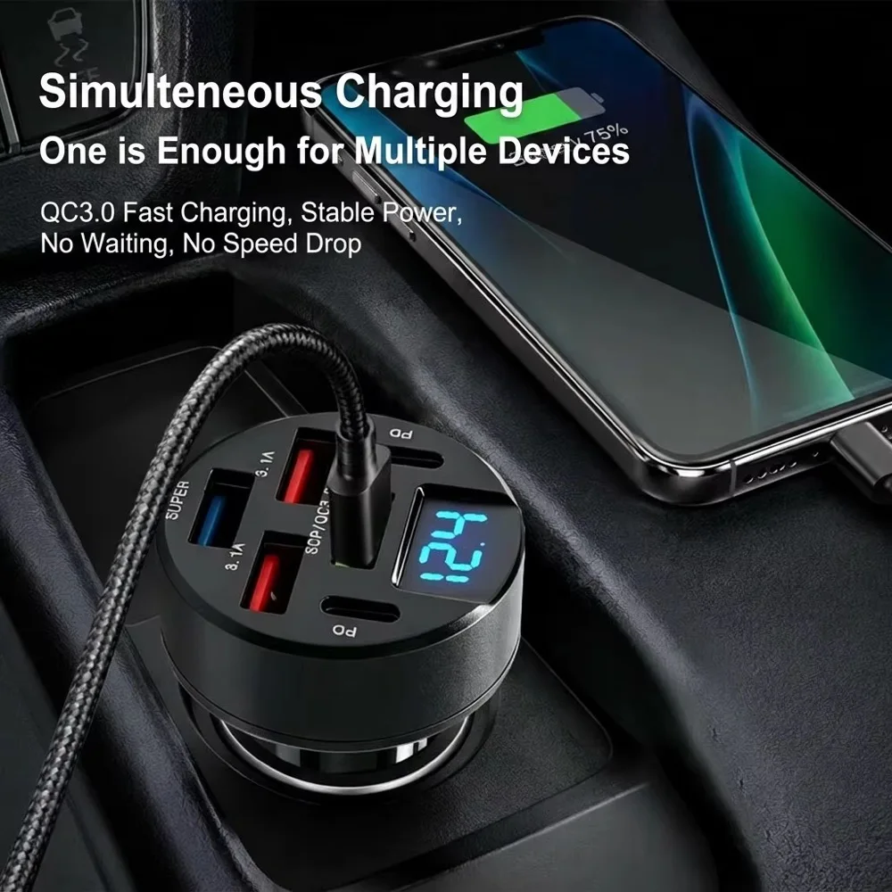 Cargador Rápido para Auto de 6 Puertos, 100W, con Pantalla LED Digital de Voltaje, QC3.0, PD, USB, para iPhone, Samsung, Xiaomi, Huawei, Tablet