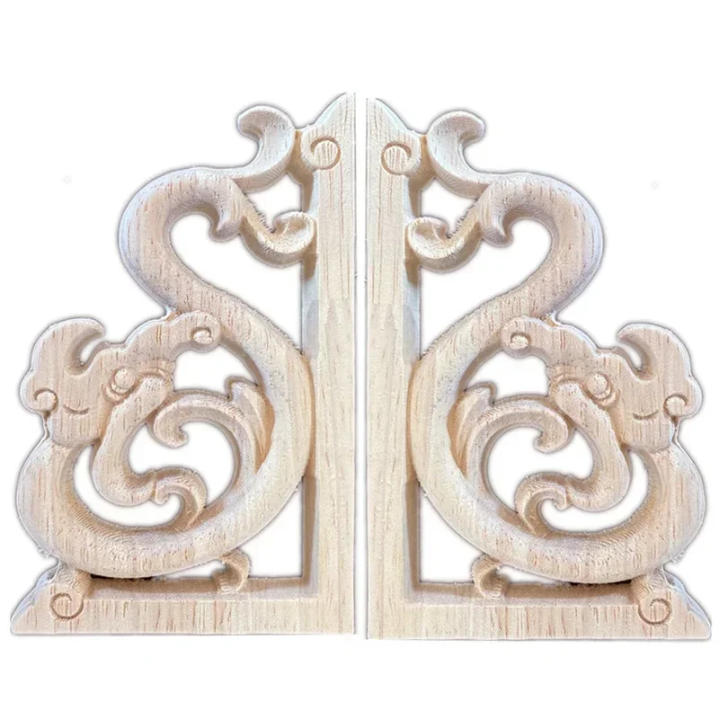 2PCS 12cm Woodcarving Decal Wood Carved Wooden Crafts Corner Appliques Frame Wall Door Furniture Decorative