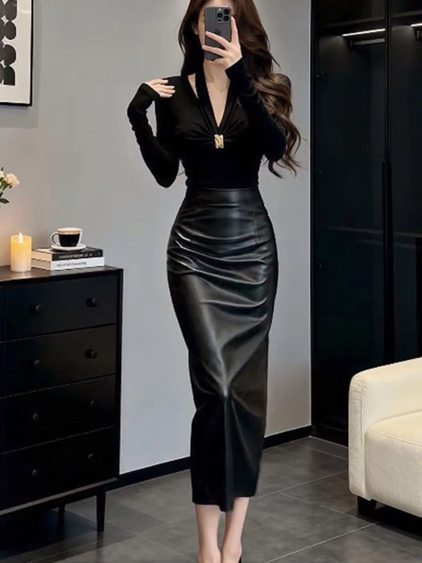 Elegant High Waist Black Leather Skirt Bodycon Midi Skirt Zipper Style Women's Fashion Spring Summer Autumn PU Material