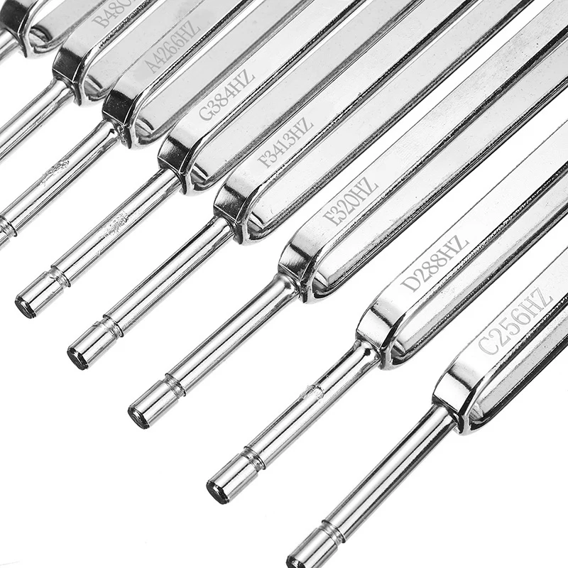 8 Pack Steel Tuning Fork Set 256-512HZ Mallet Vibration Therapy Tools Stainless Steel