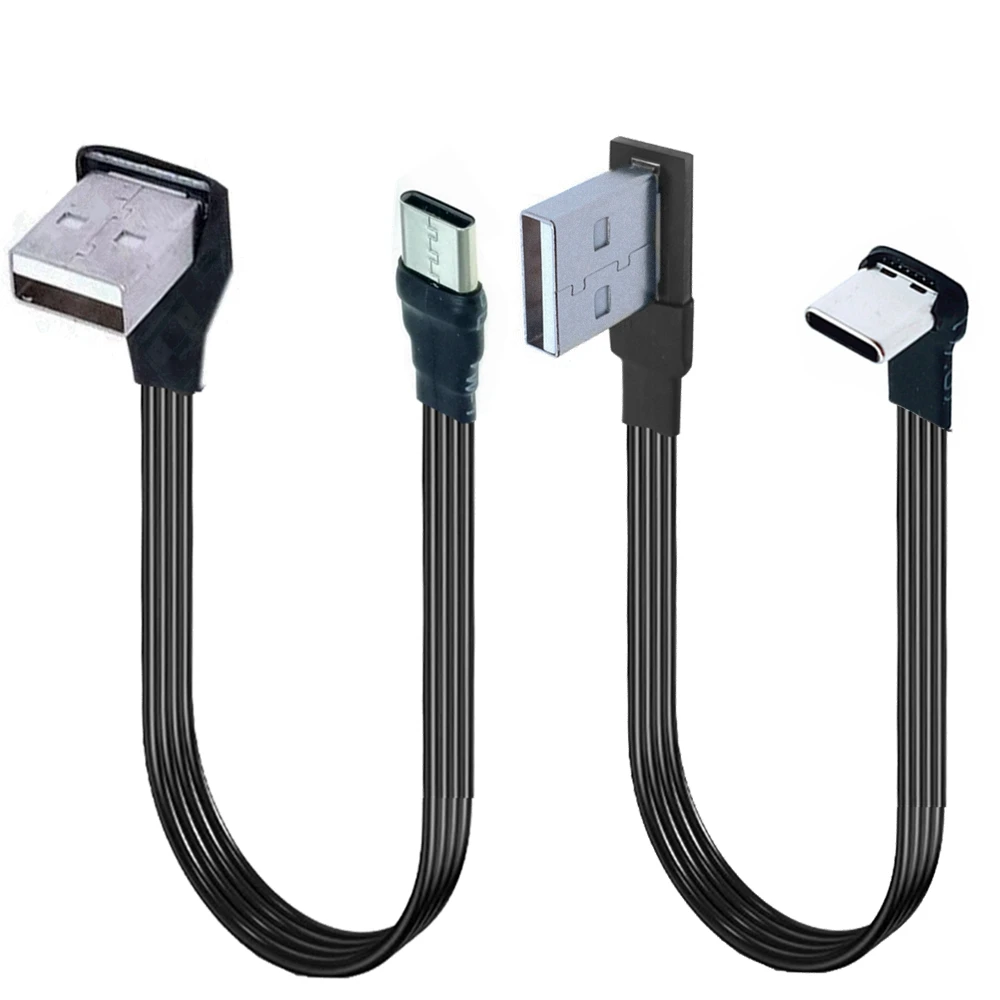 Cable de datos USB tipo C macho, Cable plano de 1M, 2M, 3M, 5CM, USB-C, ángulo de 90 grados a USB 2,0 macho, 0,1 m/0,2 m/0,5 m