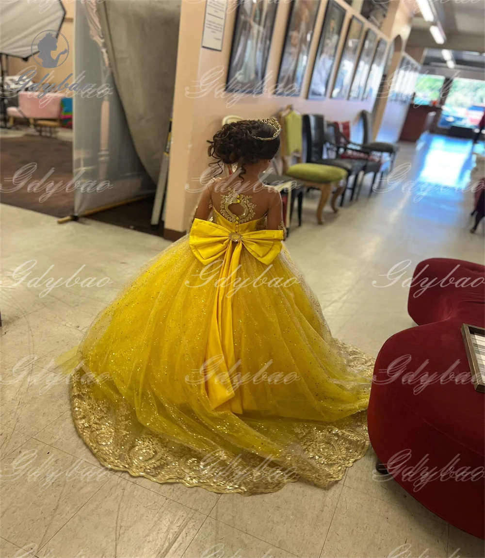 Light Yellow Full Sleeves Girls Elegant Dresses Tulle Lace Long Prom Baby Party Bespoke Occasion Kids Holy Communion Gown image 2