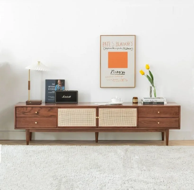 All solid wood black walnut TV cabinet modern simple living room rattan floor cabinet white oak red oak locker