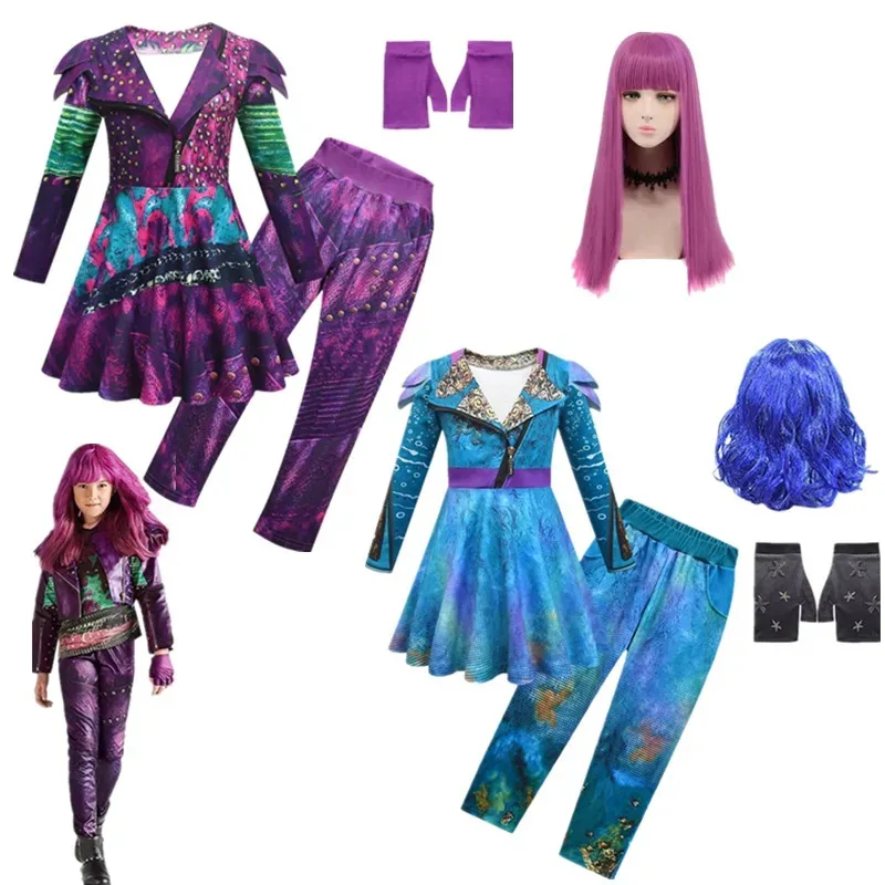 

Girls Cosplya Blue Mal Costume for Girls Evie Cosplay Costume Child Fantasia Halloween Clothes Wig Birthday Party Fancy Dress