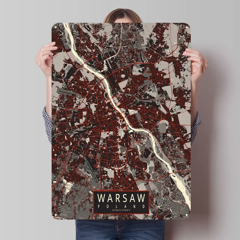 Карта города Варшава Польша Векторная жесть Таблички Карта Плакат Декор для дома и сада Металлическая вывеска на заказ для настенного художественного украшения Ретро