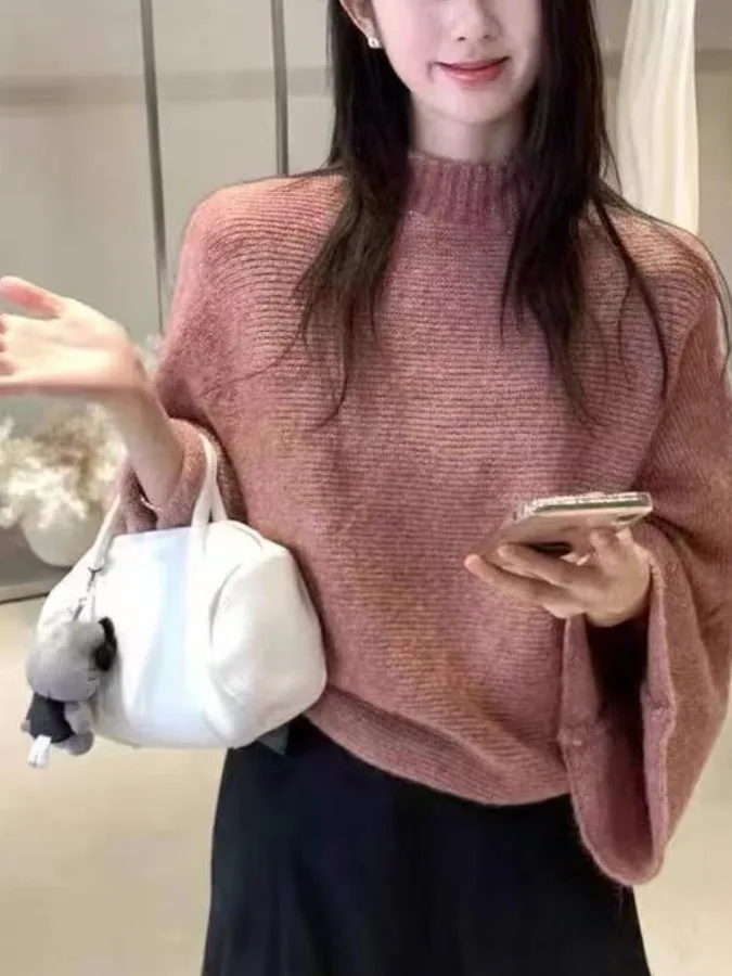 

Pink Gentle Sle Pullover Knitwear Women's Autumn Winter Loose Batwing Sve f High Collar Top Super Beautiful Aosphere