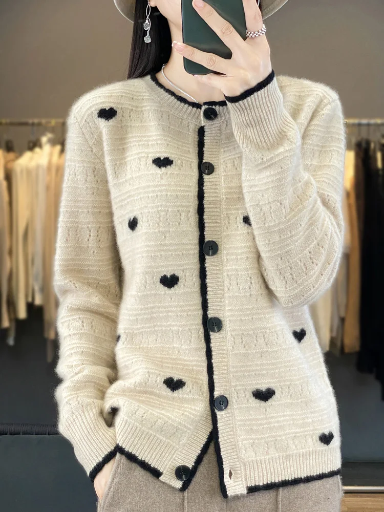 

Жаккардовый кардиган с круглым вырезом, женский лоскутный цветной свитер из 100% мериносовой шерсти, кардиган, осенняя модная женская одежда, вязаный кардиган