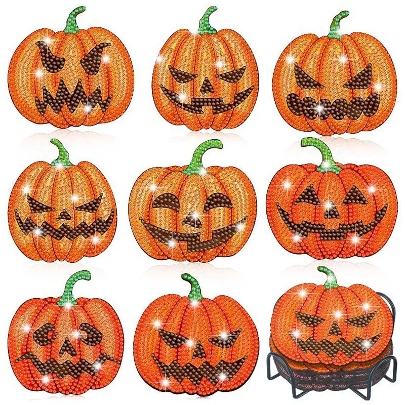 

Halloween Pumpkin Cat Dog Conch Shape Handmade DIY Diamond Painting Coaster Set Lovely Mosaic Art Cup Pad With Holder