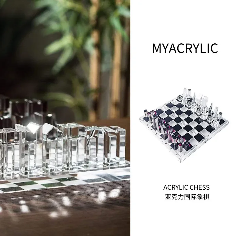 Luxury Acrylic Chess Set, Transparent Modern Chess Board Game, Decorative Clear Chess Set for Tabletop Home Decor Gift