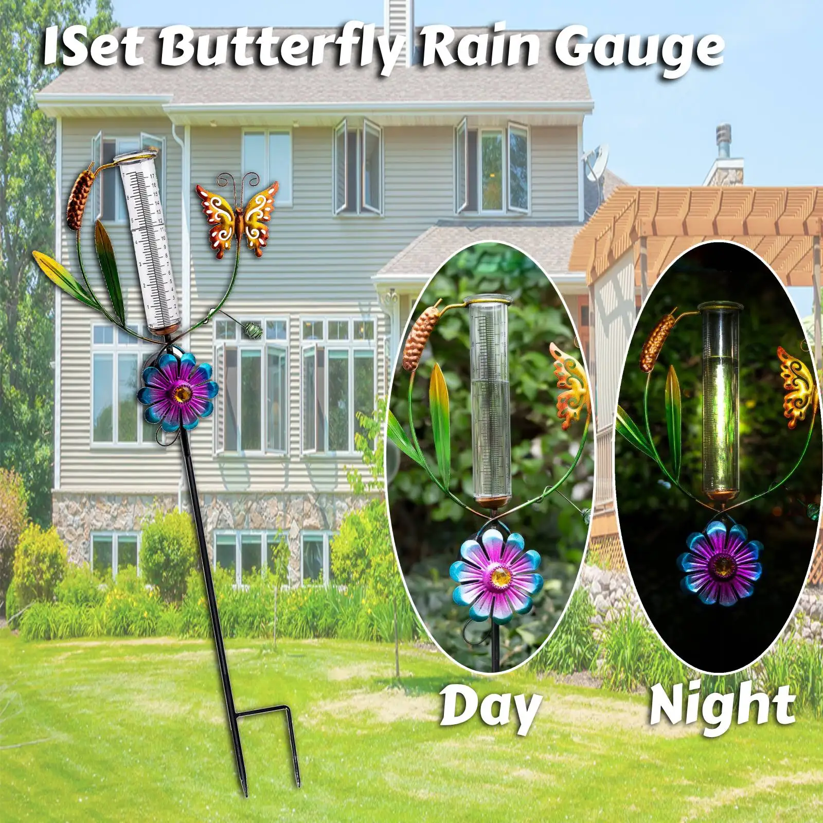 

Butterfly Rain Gauges with Solar Lights Simple Metal Spiral for Garden Yard Outdoor Patio Walkway Backyard Décor Multicolor