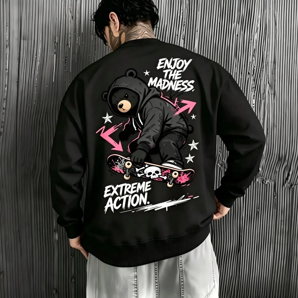 New men's autumn skateboarding teddy bear letter print soft and comfortable round neck long sleeved T-shirt outdoor street top