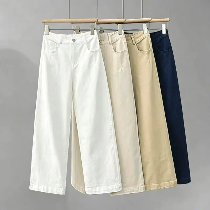 2026 Spring Summer Washed Cotton Denim Straight Pants Women Jeans Casual Trousers Jeans Ankle-length Wide-leg Pants Two-lengths