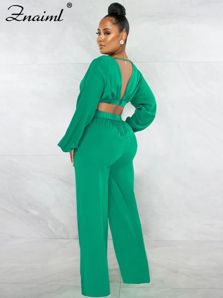 Znaiml Casual Green Two 2 Pieces Wide Leg Pants Sets Women‘s Long Sleeve Deep V-neck Crop Tops and Trousers Birthday Club Outfit