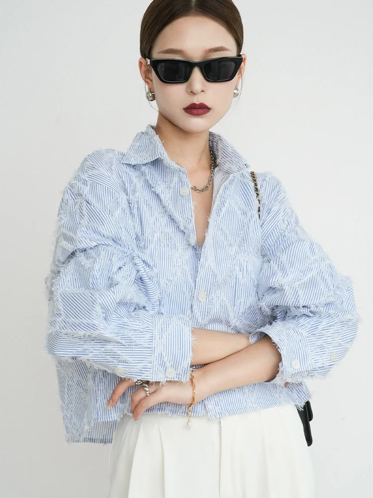 QCEO Women's Short Shirt Lace Trim High Waist Cotton Polyester Blend Spring Autumn Diamond Grid Design Breathable Long Sleeve