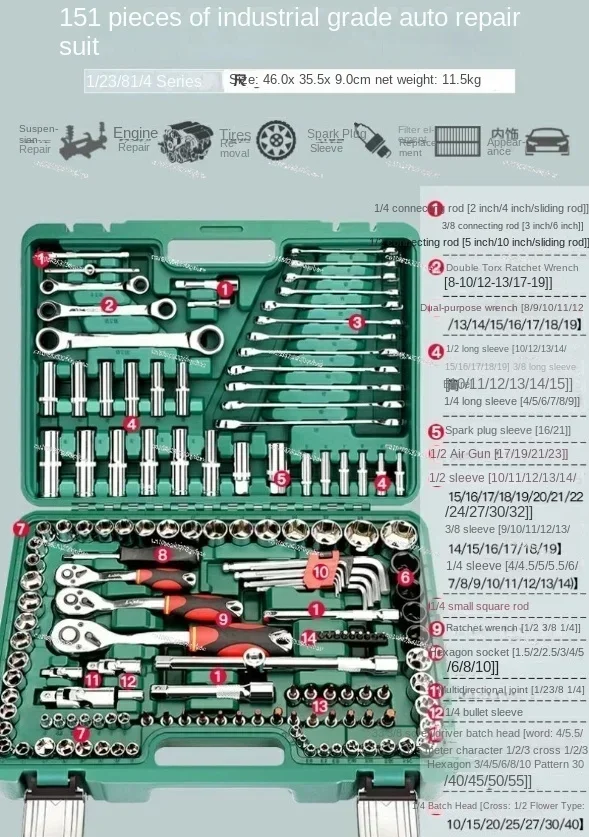 151pcs Ratchet Wrench Set Kit Sleeve for Car Motorcycle Bicycle Repair Tools Combination Repair Wrench Socket Spanner