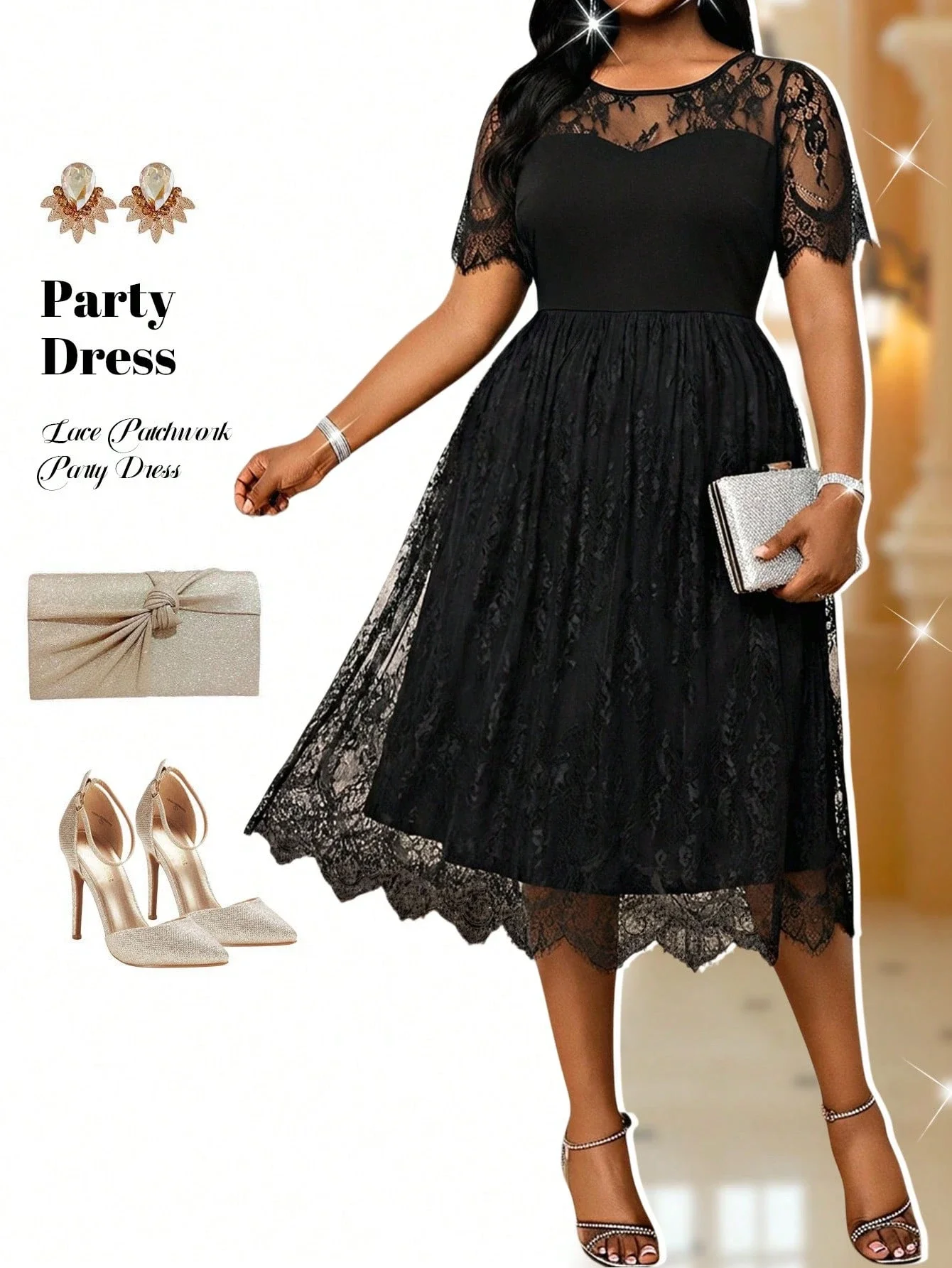 

Black Lace Patchwork Elegant Plus Size Party Dress Knee-Length