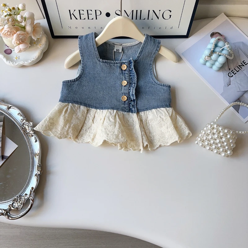 Girls\' Vest Set Spring and Autumn New Fashion Sleeveless Stitching Denim Vest + Trousers Two-piece Set  Girl Clothes