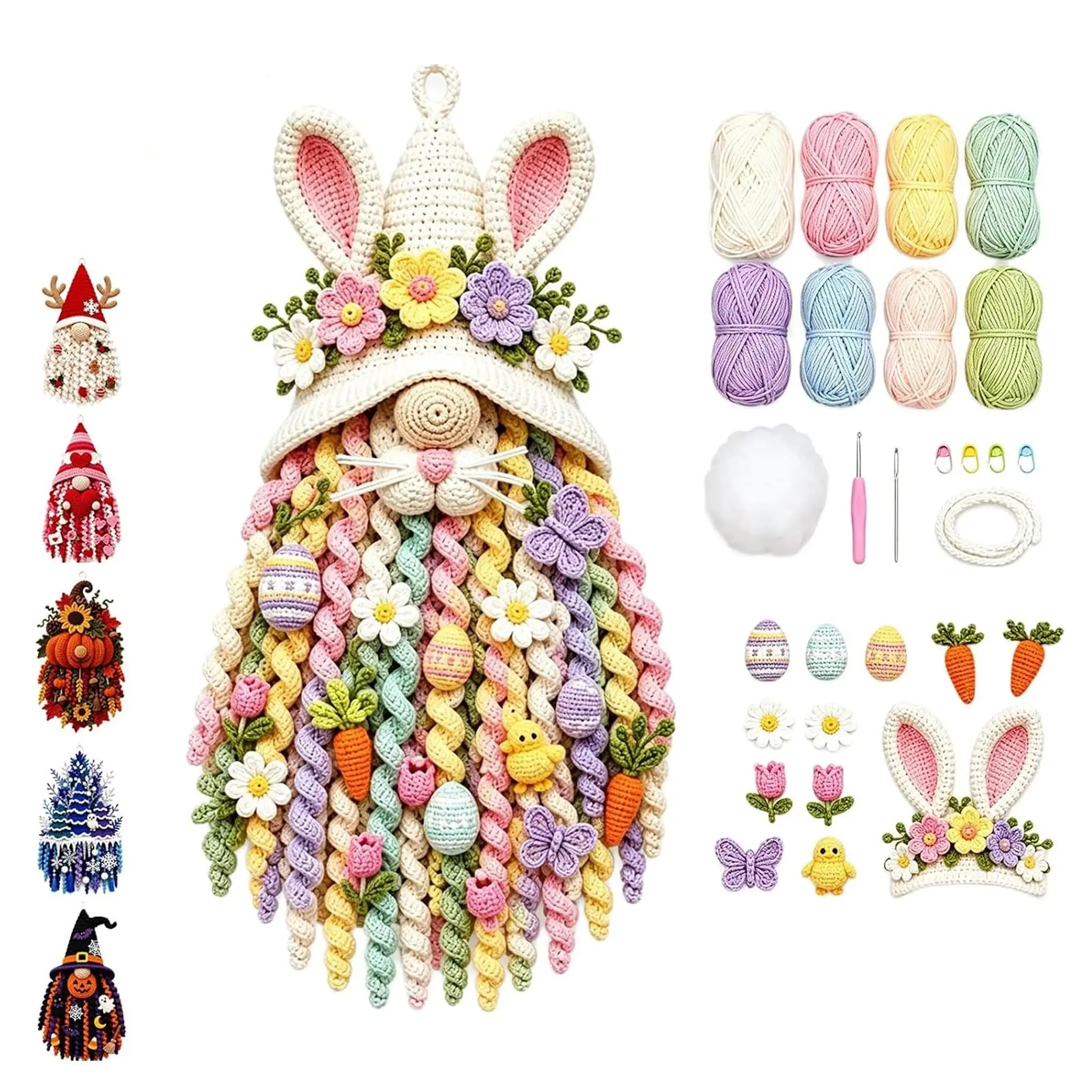 Easter Bunny Crochet Kit 3D Beginner Set with Pre-Cut Yarn Illustrated Instructions - Plush Stuffing DIY Craft 8 Inch