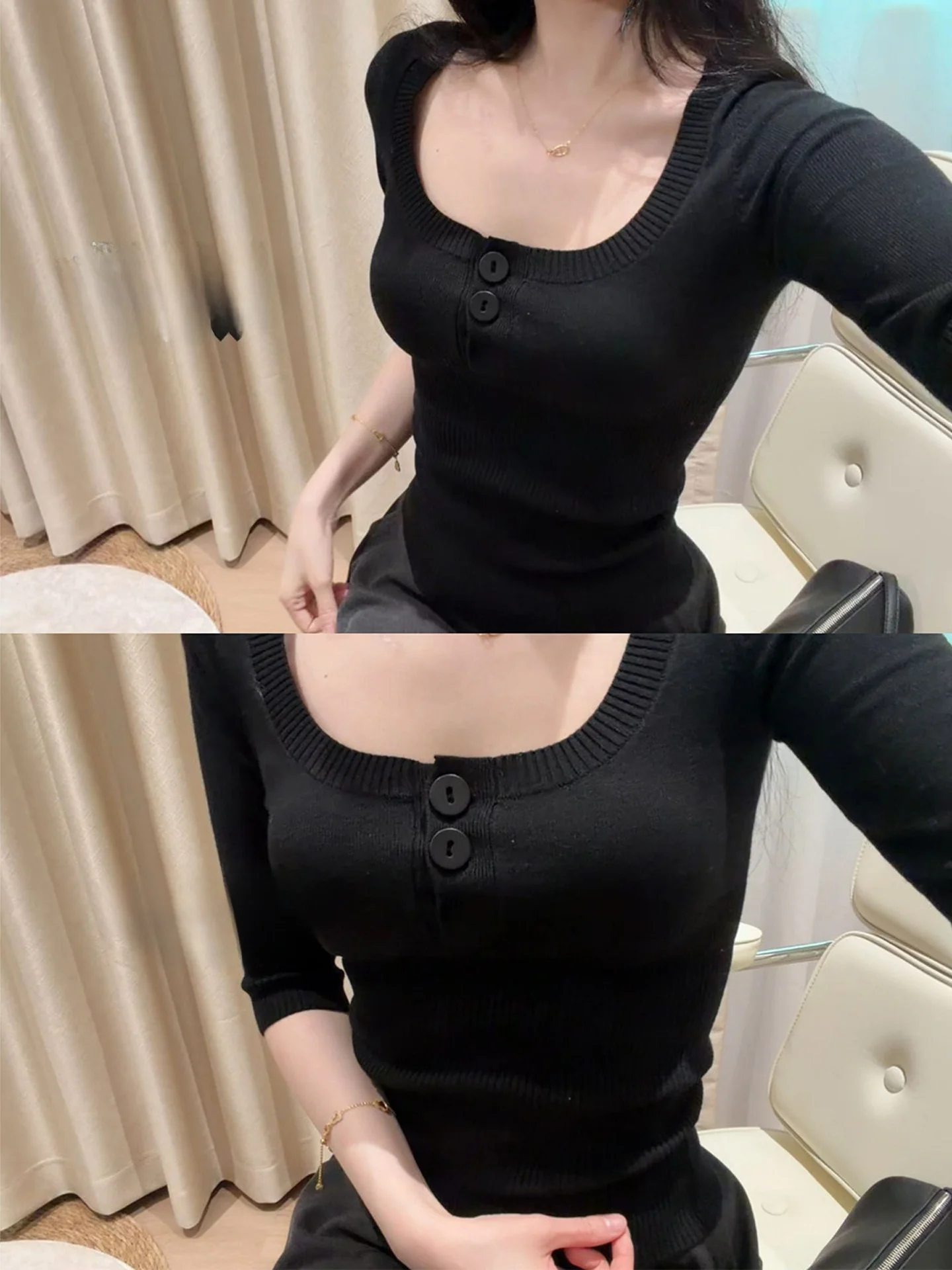 

Черный вязаный топ с U-образным вырезом и рукавом до локтя, женская новинка Весна 2026, укороченная футболка-хенли с открытыми ключицами, облегающий топ для коррекции фигуры