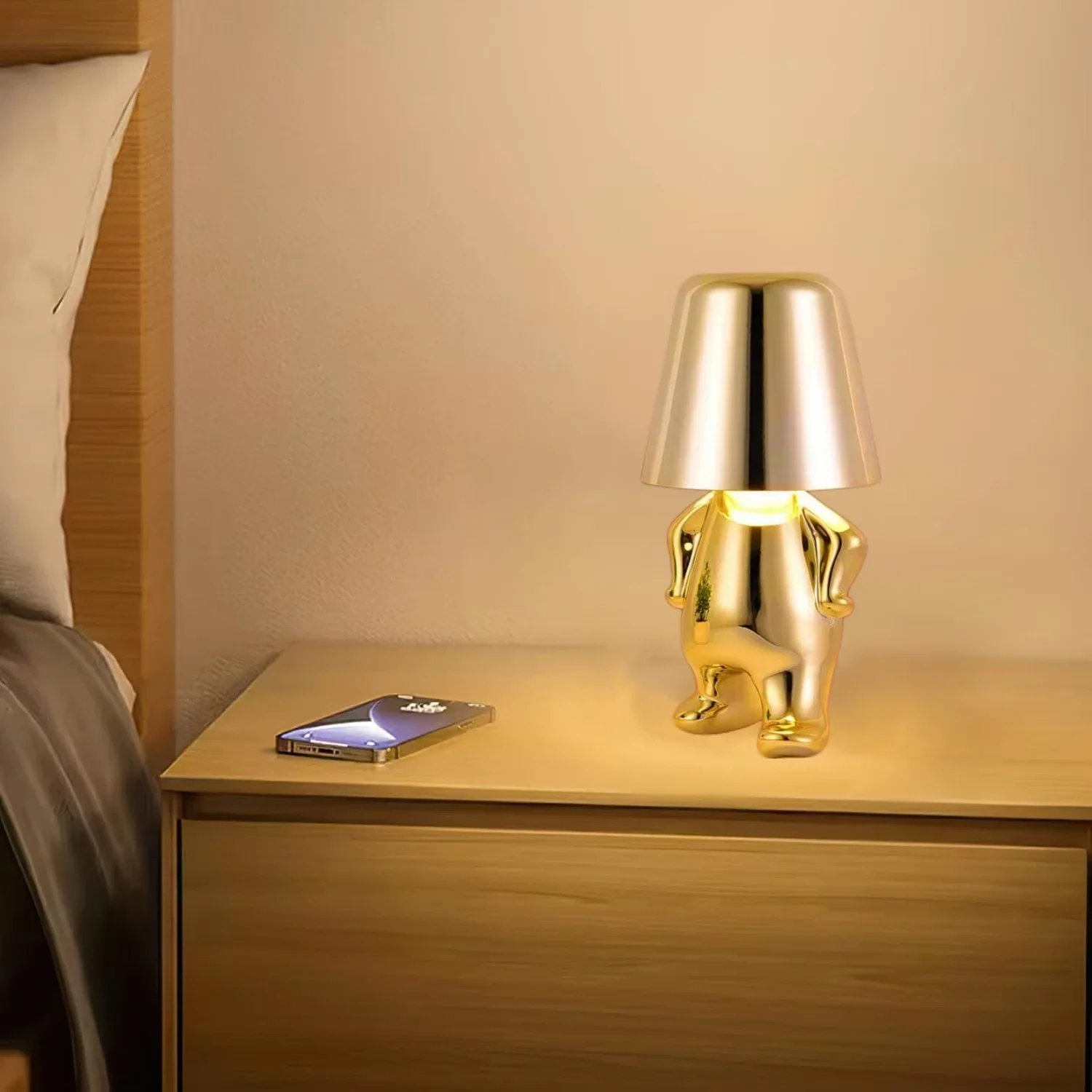 Bedside Touch Control Table Lamp,Gold Decor Thinker Statue LED Table Lamp, Cordless Rechargeable Desk Lamp,3-Levels Brightness R