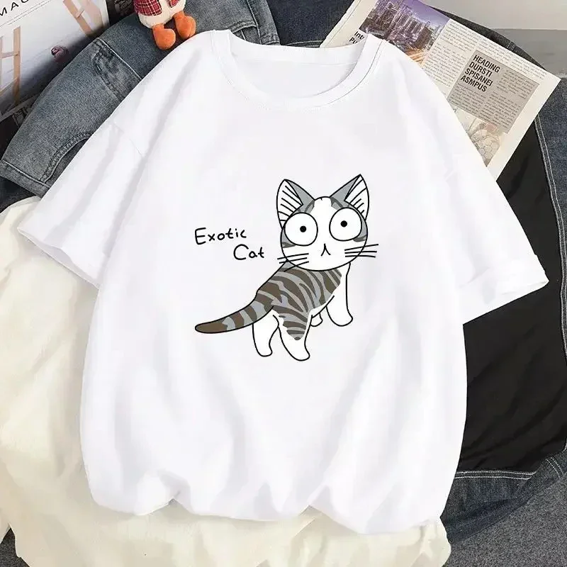 Korean Fashion Tees Summer Kawaii T-shirt Japanese Cartoon Cute Cat Short Sleeved T-shirt Graphic Blouse Streetwear Clothes