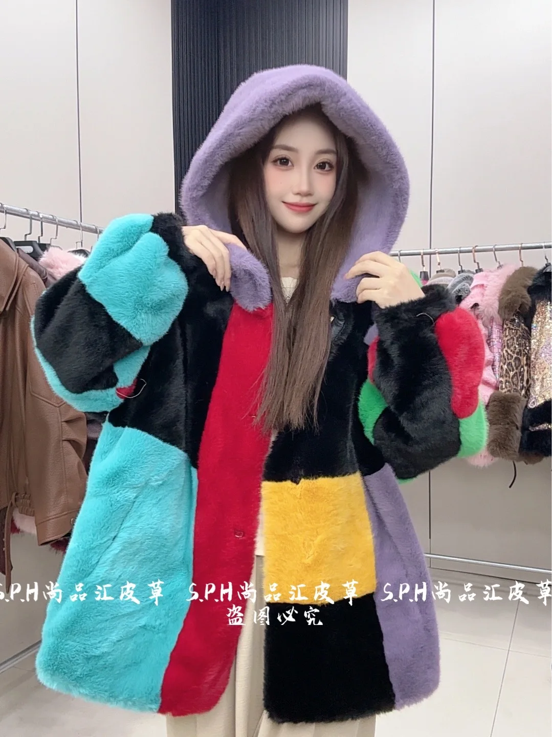 Geometric Hooded Faux Fur Jacket New Women's Winter Thickened Color-Block Long-sleeved Casual Loose Warm Comfortable Furry Coat