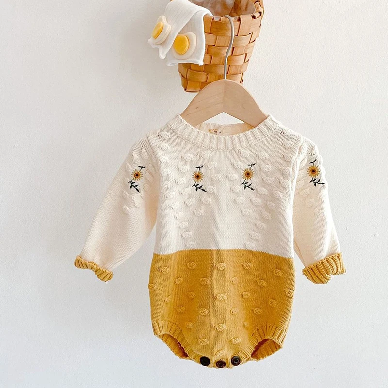 

Toddler Baby Girl Romper Long Sleeved Knitting Flower Embroidery Newborn Baby Girl Jumpsuit Autumn Spring Children Clothes