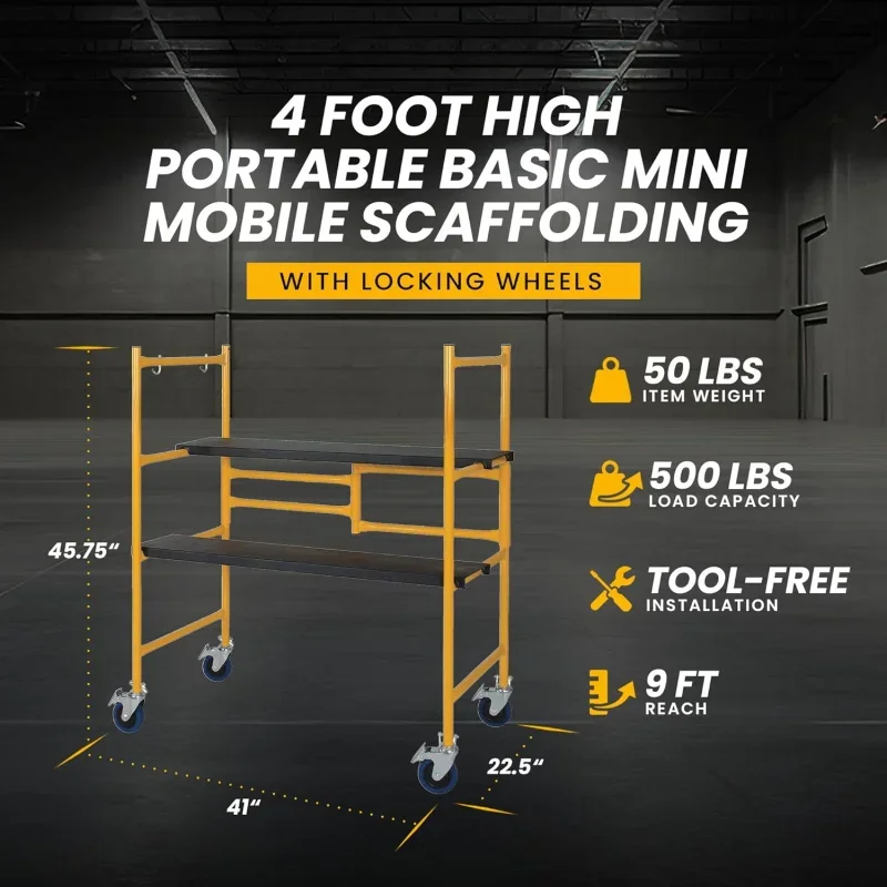 Scaffolding Platform, 9 Ft Reach, 500 Lbs Capacity w/Locking Wheels, Yellow