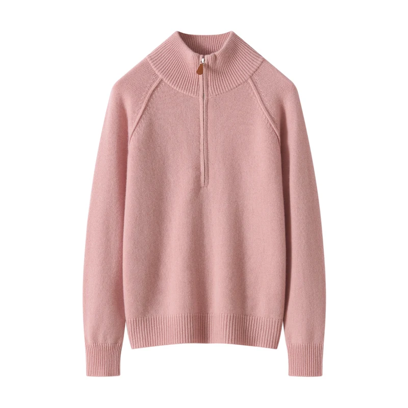 High quality women's 100% pure cashmere pullover luxury brand loose knit sweater loose semi high neck Tops Pull zipper Jumper