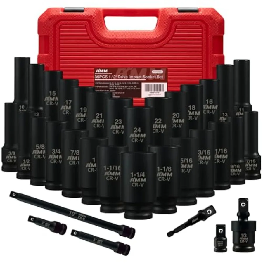 

1/2" Drive Deep Impact Socket Set 35-Piece Socket set SAE 3/8 to 1-1/4 inch and Metric 10-24mm Size Includes Extension Bars Uni