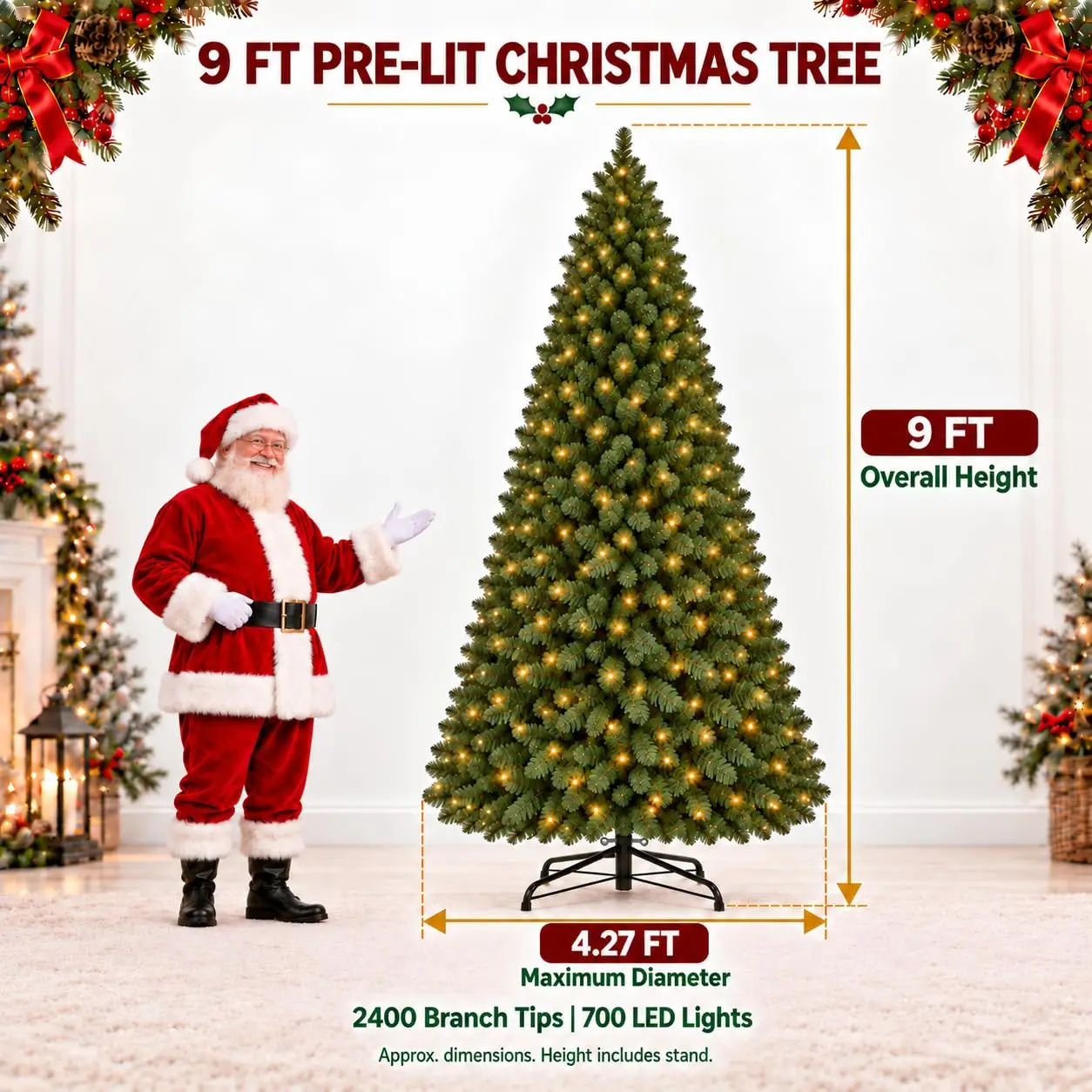 9ft Pre-Lit Artificial Christmas Tree, 700 Dual-Color LED Lights