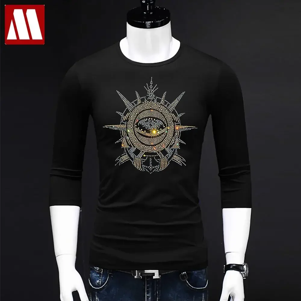 Handsome Man Black Ice Cotton T-shirt Full Sleeve Cartoon Diamond Stone Tee Shirt Rhinestone Men's Elastic t shirt Oversize 5XL