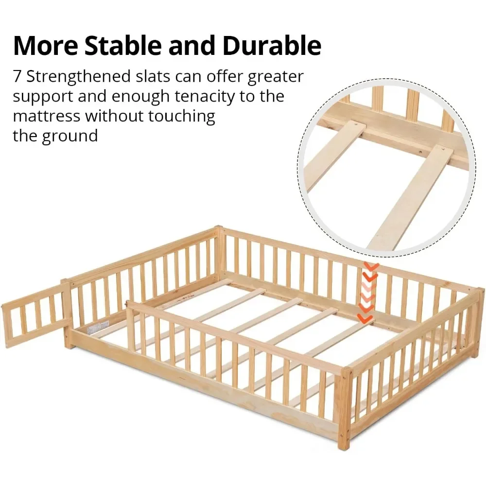 Letto a pavimento completo per bambini, robusta struttura Montessori in legno con doghe in legno, recinzione e porta, naturale (con doghe)