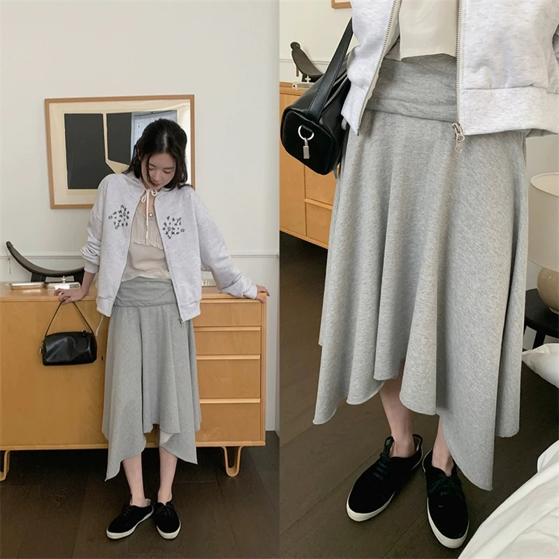 2025 Autumn Women’s Casual Skirt Korean Irregular Hem Drawstring Strap Design Loose Fit Fashion Midi Skirt Trendy Daily Outfit