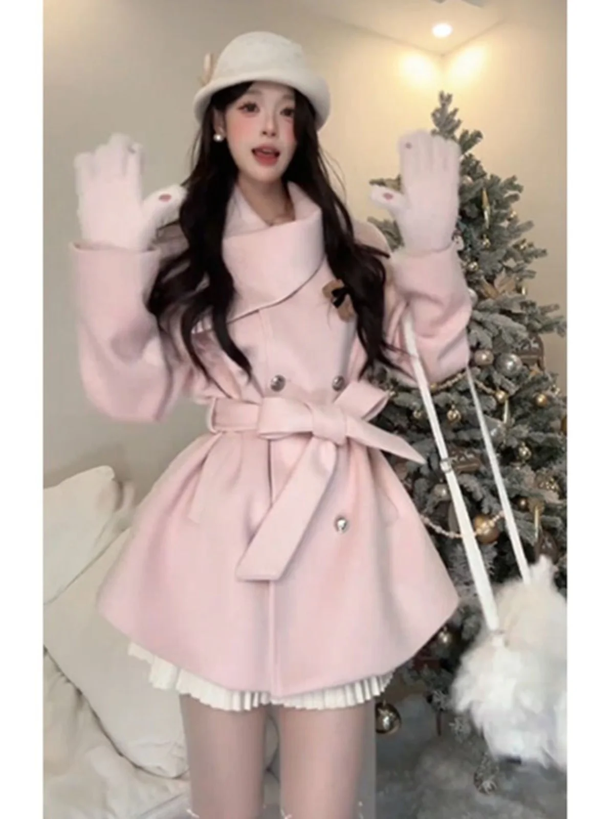 

Korean Style Double-Faced Woolen Coat Women's Belted Waist-Cinching Outerwear Spring 2026 New Fashion Button Pocket Bow Tie