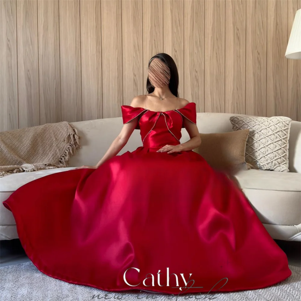 

Cathy Red Off the Shoulder Prom Dressess Satin A-line Vestidos De Noche Elegant Sleeveless Floor-Length Quinceanera Dress 2024