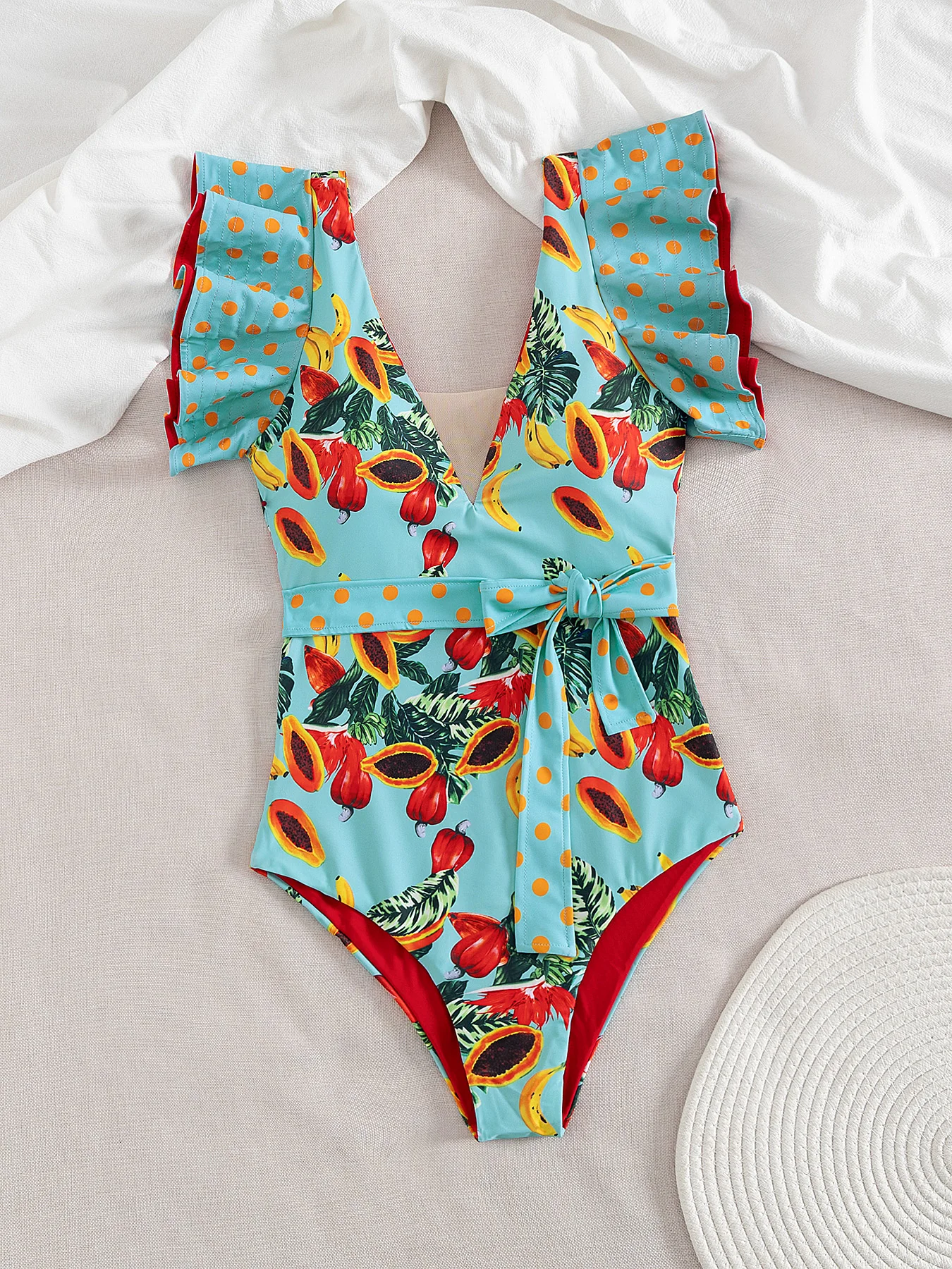 

Sexy Ruffle Shoulder Swimsuit V-Neck Swimwear Women Backless Push Up Bathing Suit Beach Wear 2024 Female Swimming Suit