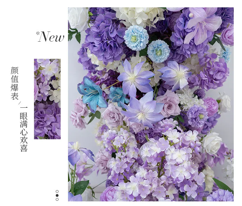 5D Lila Hortensien-Rosen-Blumen Luxus-Hochzeitshintergrund Event-Bühnendekoration Blumenreihe Arrangement Bodenblumen – Detail 3