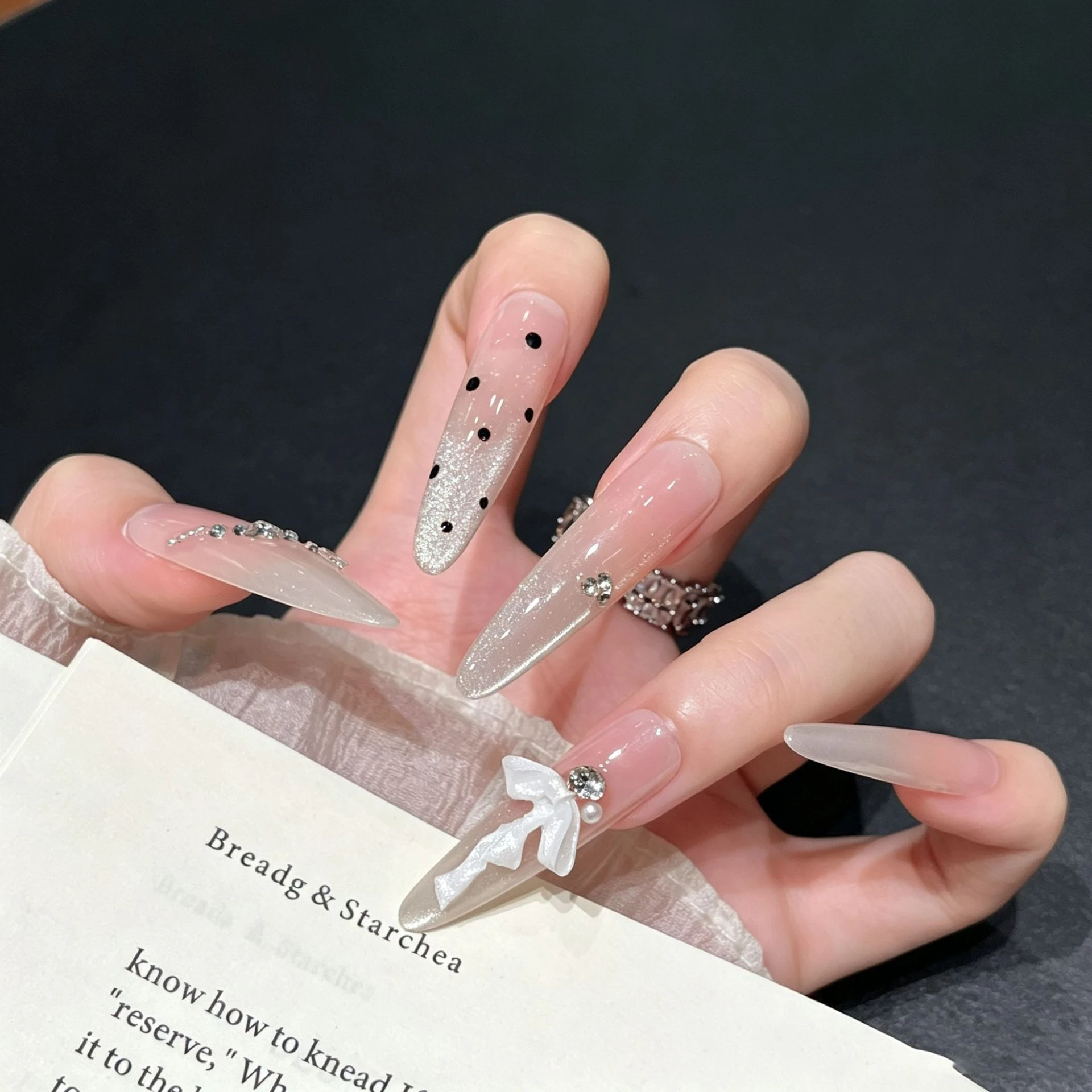 Resin Press on Nails for Wedding Party Women Girls Cat-Eye False Nails 3D Bowknot Polka Dot Platinum Foil Hand-made Nails