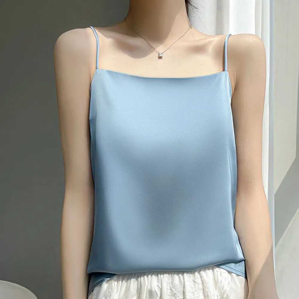 

Elastic Top Elegant Summer Tank Tops with Satin Texture Loose Fit Soft Elastic Fabric Sling Vest for Women Satin Texture Sling