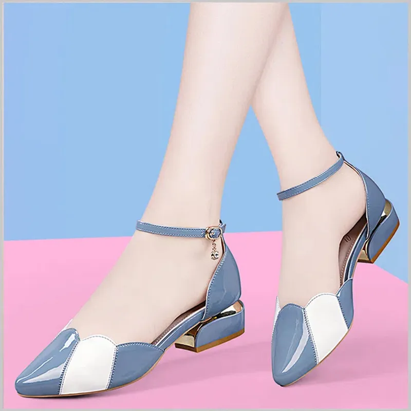 Women Cute High Quality Sky Blue Multi Color Buckle Strap Square Heel Shoes Lady Classic Beige Comfort Office Career Shoes E61