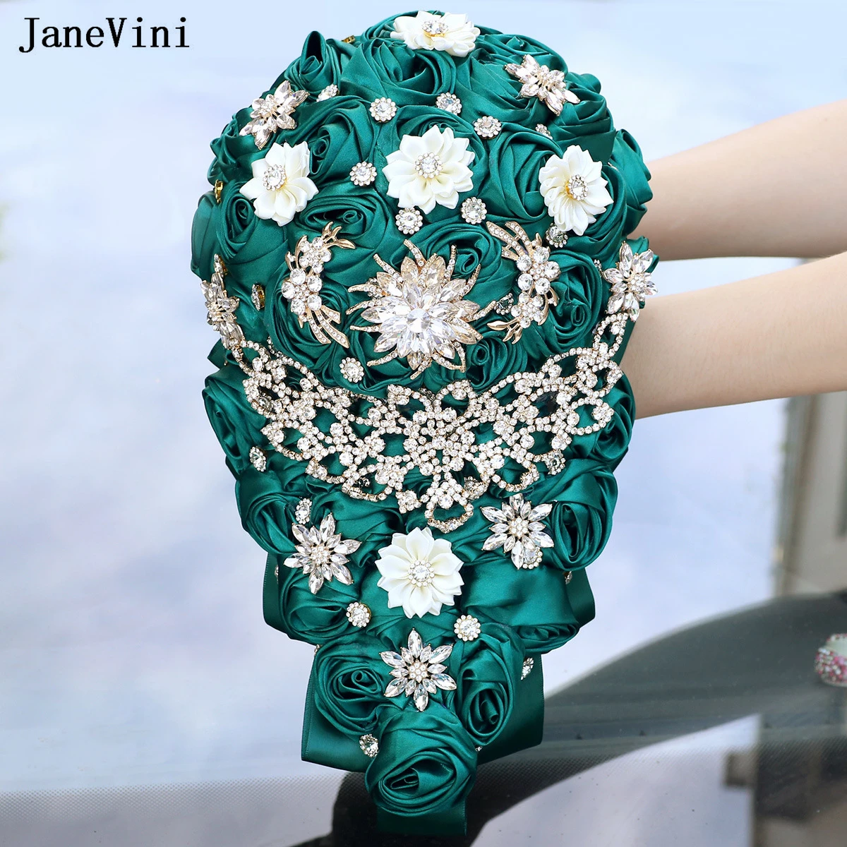 

JaneVini Bling Crystal Dark Green Waterfall Bridal Bouquets Artificial Satin Roses Cascading Flowers Bouquet Wedding Accessories