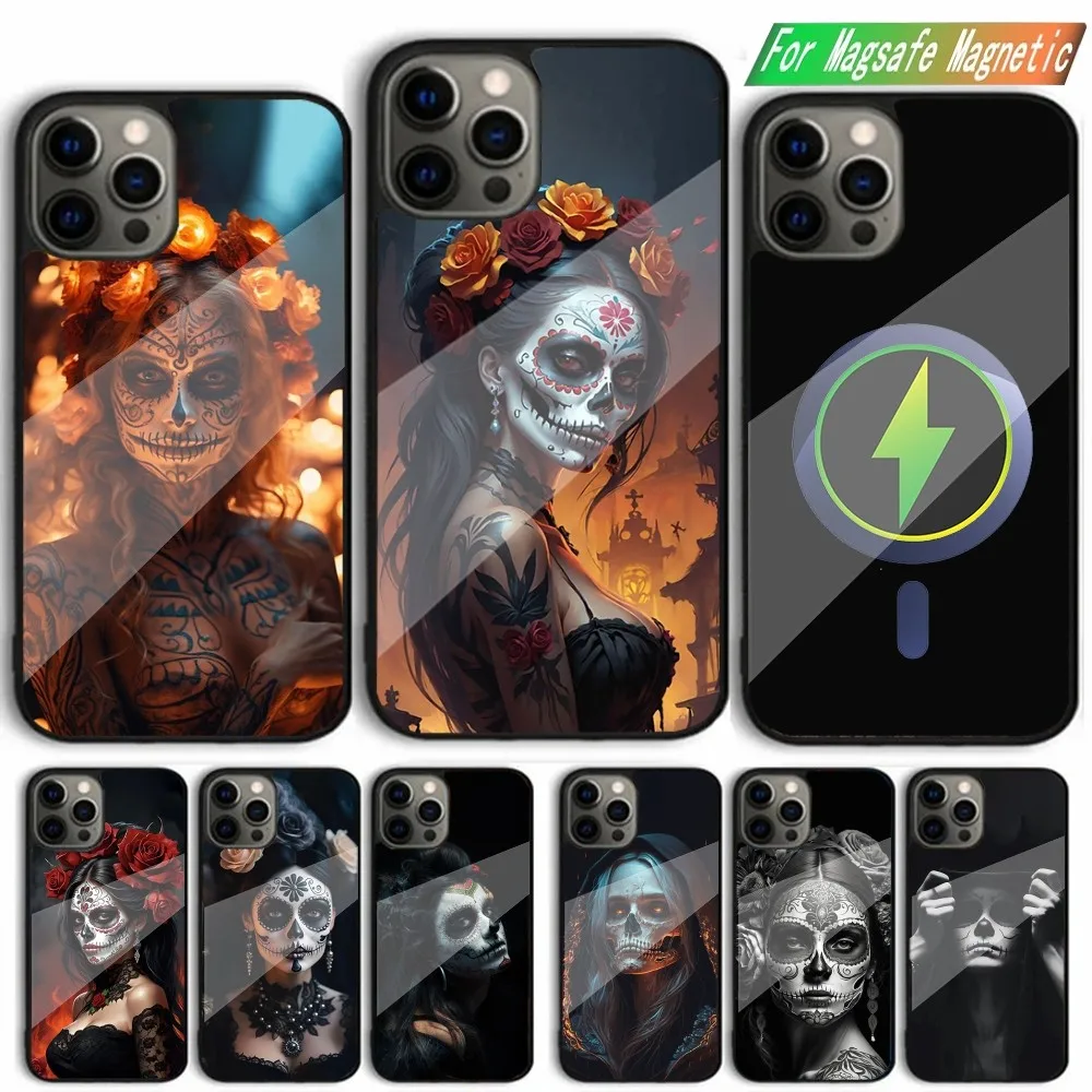 Mexican Catrina Skull Gir Phone Case For iPhone 15,14,13,12,11,Plus,Pro,Max Mini Magsafe Magnetic Wireless Charging