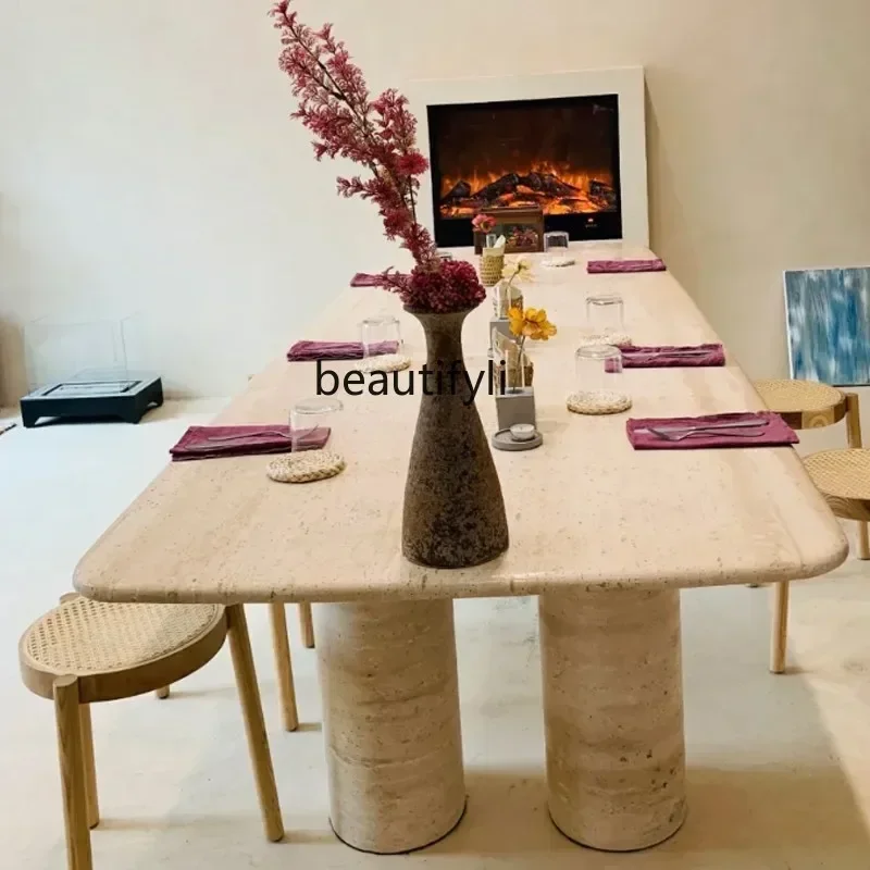 

Italian Nordic natural travertine large household dining table, conference room reception long table